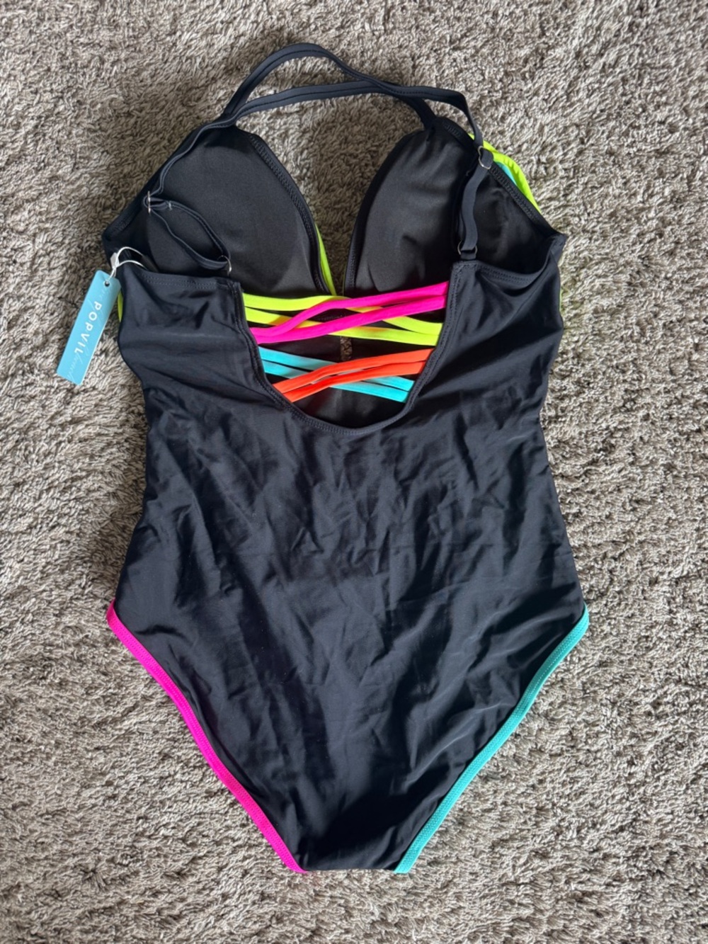 NWT Neon Stripe Cutout One-Piece Swimsuit - Black with Neon Accents - Picture 4 of 5